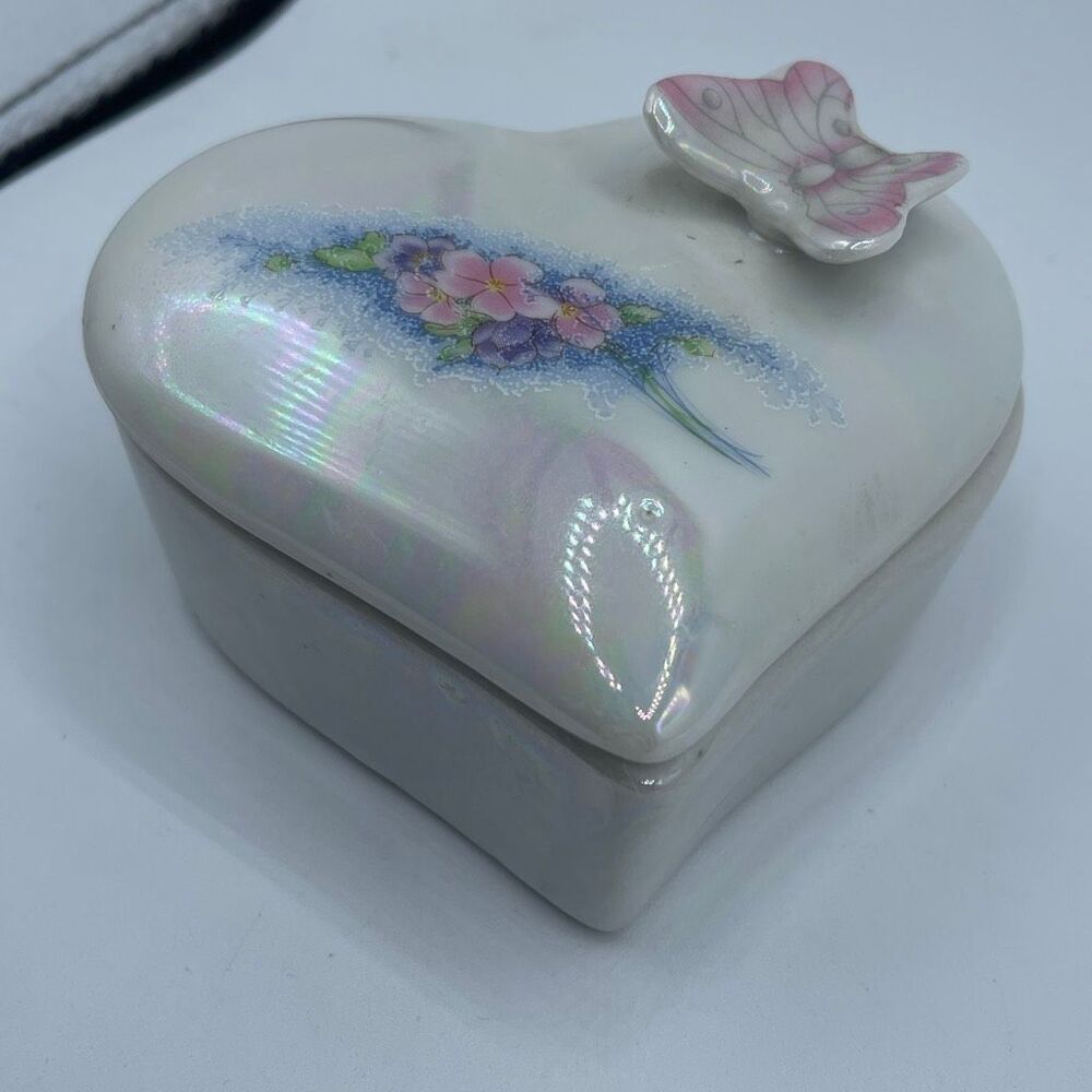 Vintage butterfly heart ceramic trinket box iridescent floral